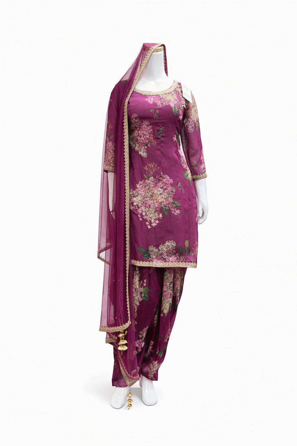 Magenta Floral Georgette Satin Suit with Printed Patiala Salwar Bottom & Net Dupatta – Festive & Party Wear
