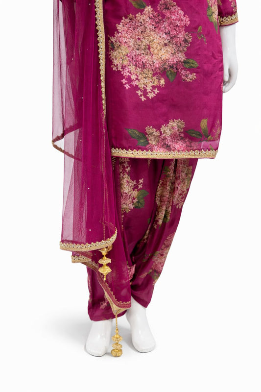 Magenta Floral Georgette Satin Suit with Printed Patiala Salwar Bottom & Net Dupatta – Festive & Party Wear