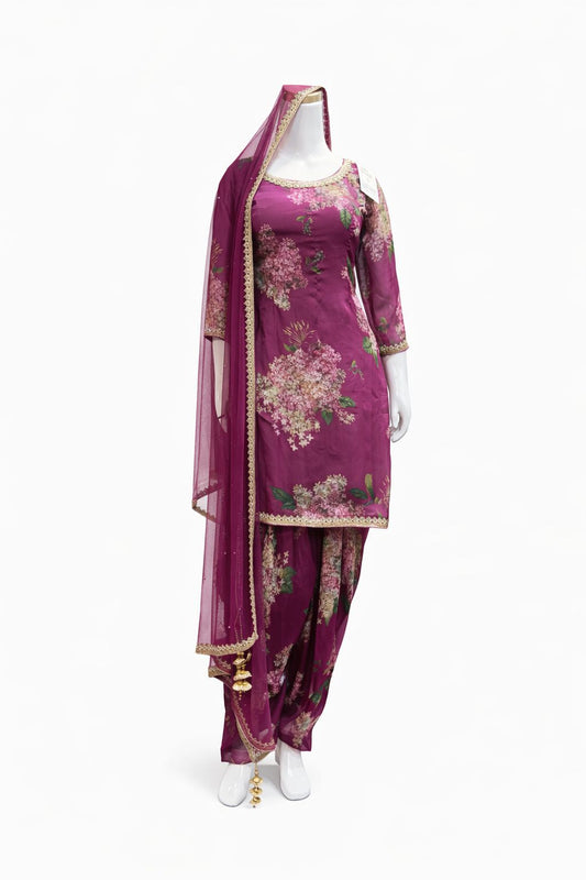 Magenta Floral Georgette Satin Suit with Printed Patiala Salwar Bottom & Net Dupatta – Festive & Party Wear