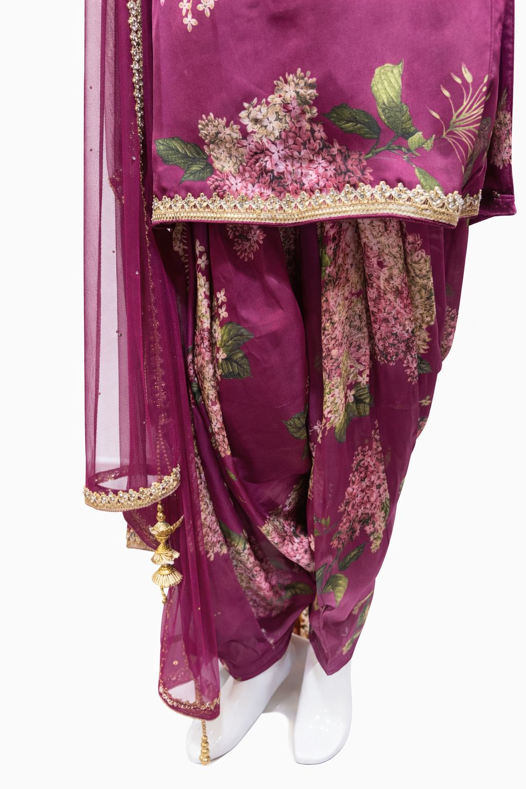 Magenta Floral Georgette Satin Suit with Printed Patiala Salwar Bottom & Net Dupatta – Festive & Party Wear