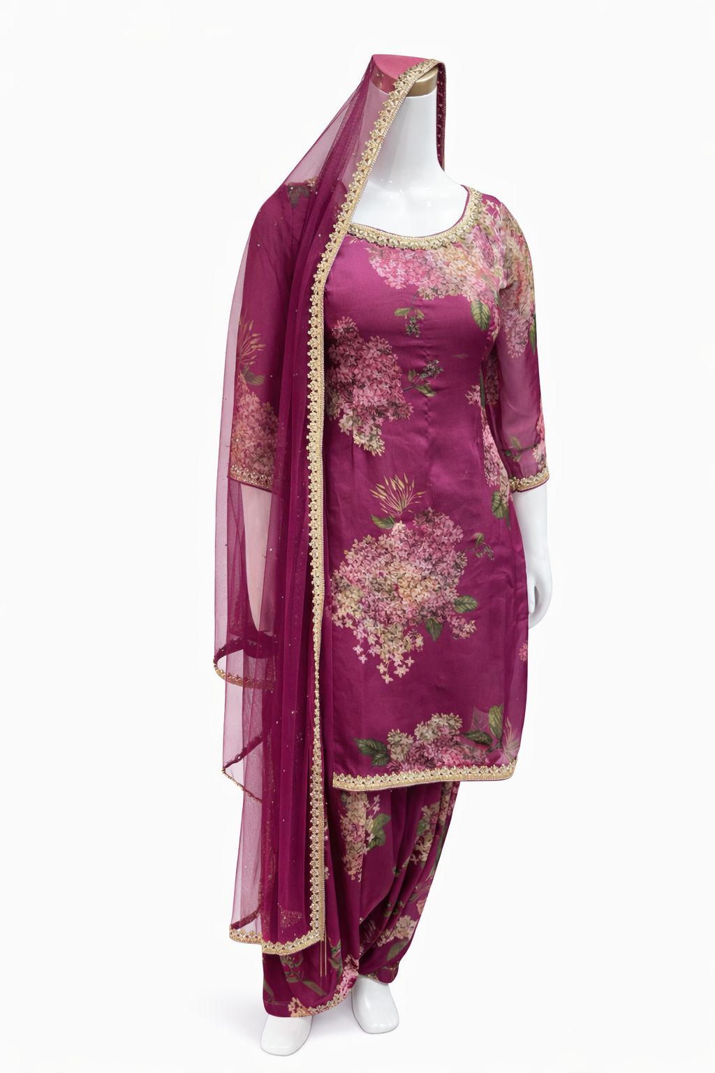 Magenta Floral Georgette Satin Suit with Printed Patiala Salwar Bottom & Net Dupatta – Festive & Party Wear
