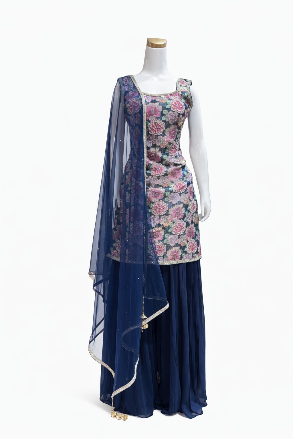 Navy Blue Floral Suit with Georgette Sharara & Net Dupatta – Designer Festive & Wedding Wear | Size 38