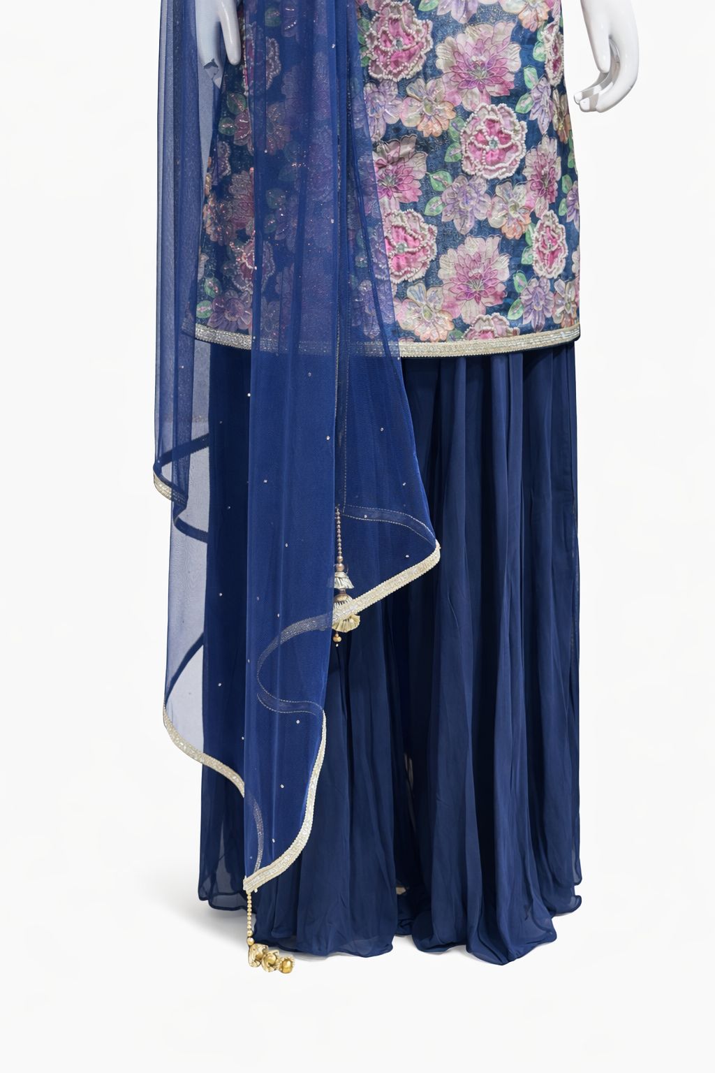 Navy Blue Floral Suit with Georgette Sharara & Net Dupatta – Designer Festive & Wedding Wear | Size 38