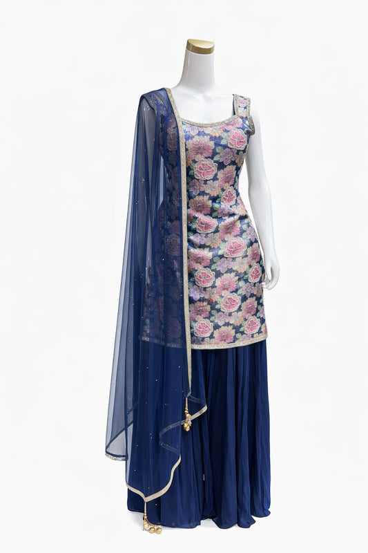 Navy Blue Floral Suit with Georgette Sharara & Net Dupatta – Designer Festive & Wedding Wear | Size 38