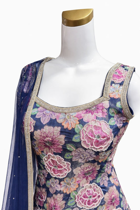 Navy Blue Floral Suit with Georgette Sharara & Net Dupatta – Designer Festive & Wedding Wear | Size 38