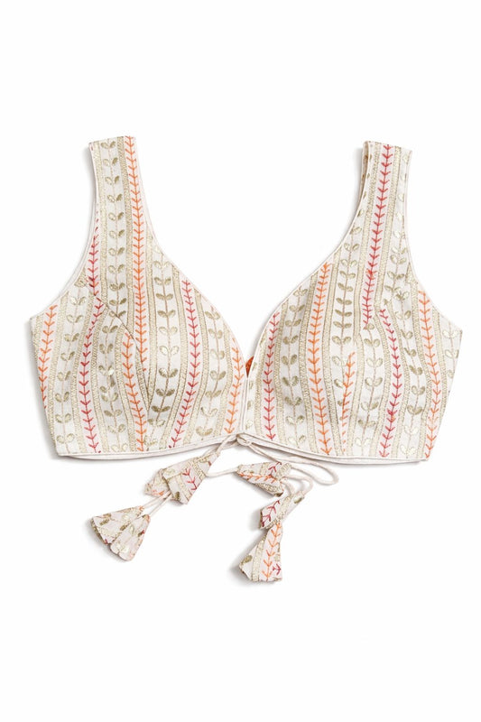 Ivory Embroidered Designer Blouse with Back Tie Detail – Bridal & Saree Wear | Size 38