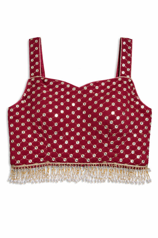 Red Mirror Work Designer Blouse with Pearl Fringe – Bridal & Lehenga Wear | Size 38