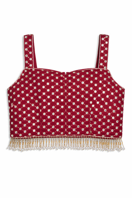 Red Mirror Work Designer Blouse with Pearl Fringe – Bridal & Lehenga Wear | Size 38