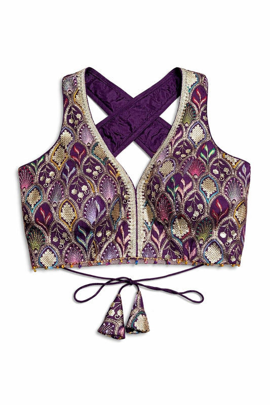 Purple Embroidered Designer Blouse with Criss-Cross Back Tie – Bridal & Lehenga Wear | Size 38