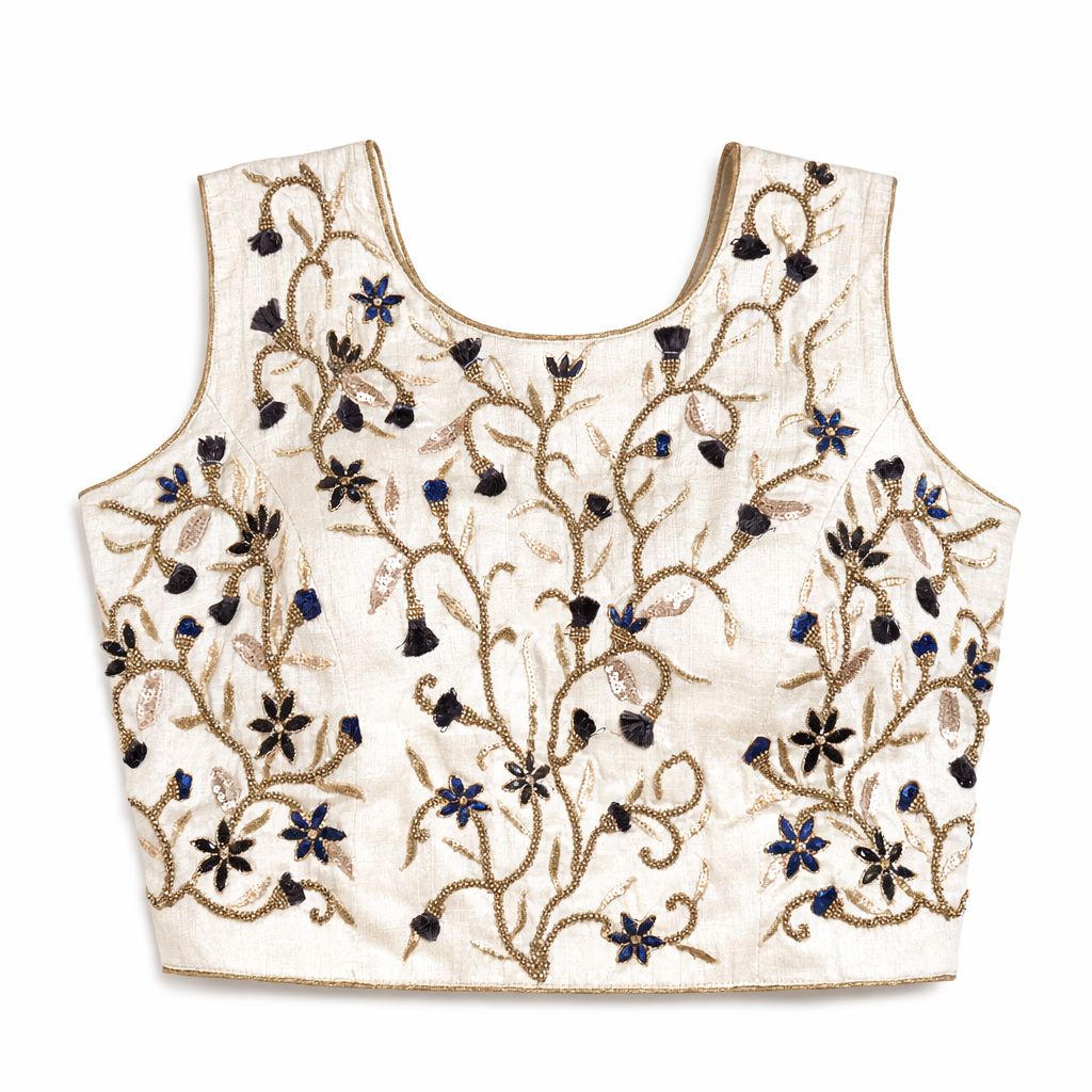 Ivory Hand Embroidered Designer Blouse with Gold & Blue Detailing – Bridal & Saree Wear | Size 38
