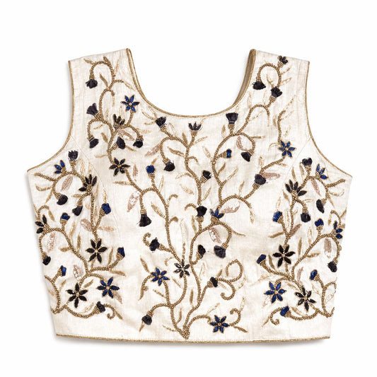Ivory Hand Embroidered Designer Blouse with Gold & Blue Detailing – Bridal & Saree Wear | Size 38