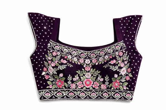 Deep Purple Floral Embroidered Designer Blouse – Bridal & Lehenga Wear | Size 38