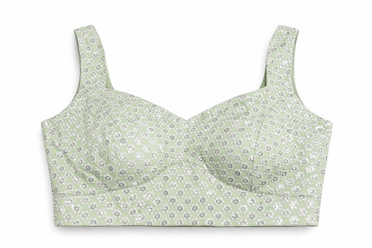 Pastel Green Floral Embroidered Blouse – Elegant Lehenga & Saree Blouse | Size 38