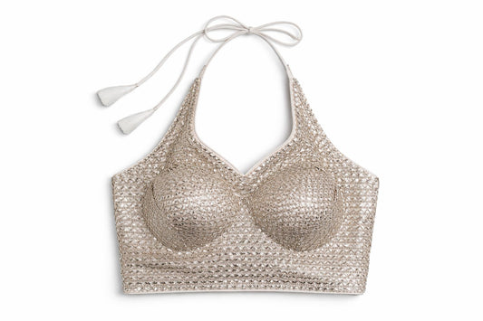 Ivory & Champagne Gold Halter Neck Embroidered Designer Blouse – Bridal & Reception Wear | Size 38