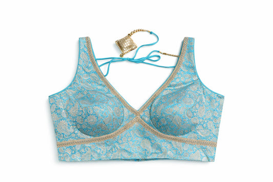 Turquoise Blue & Gold Brocade Designer Blouse – Ethnic Festive & Wedding Wear | Size 38