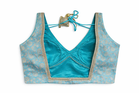 Turquoise Blue & Gold Brocade Designer Blouse – Ethnic Festive & Wedding Wear | Size 38