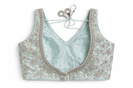 Pastel Mint Green Embroidered Designer Blouse – Bridal & Festive Wear | Size 38