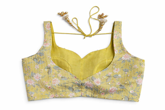 Mustard Yellow Floral Printed Designer Blouse – Festive & Summer Wear | Size 38