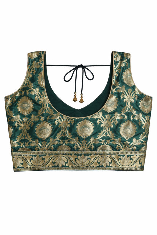 Emerald Green & Gold Brocade Designer Blouse – Wedding & Festive Wear | Size 38