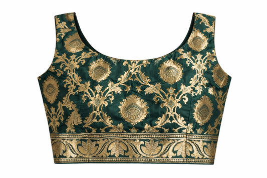 Emerald Green & Gold Brocade Designer Blouse – Wedding & Festive Wear | Size 38