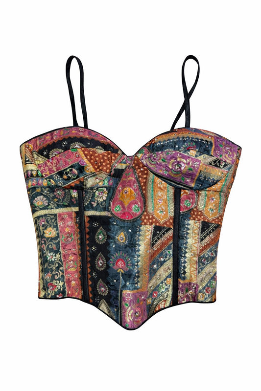 Multicolor Patchwork Corset Blouse – Black Base Designer Bustier with Lace-Up Back | Size 38