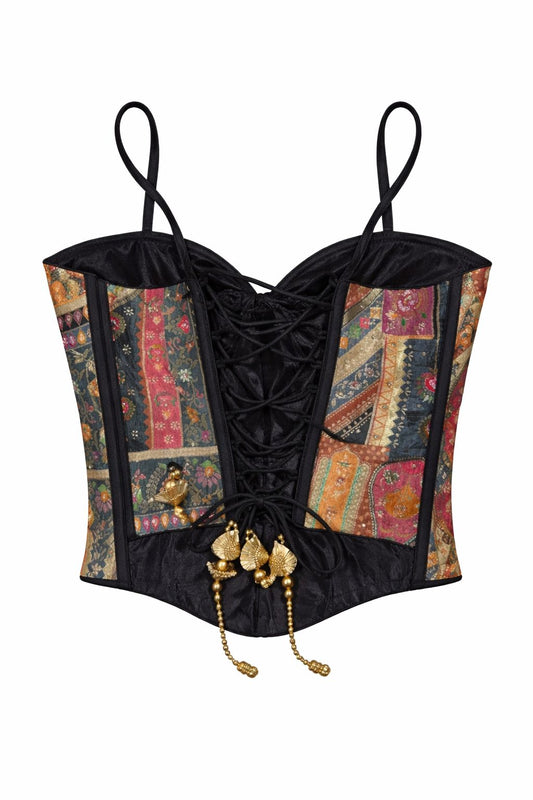 Multicolor Patchwork Corset Blouse – Black Base Designer Bustier with Lace-Up Back | Size 38