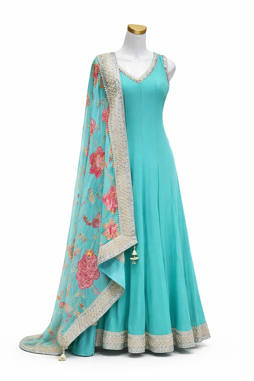 Turquoise Blue Anarkali Gown with Floral Embroidered Dupatta – Festive & Wedding Wear | Size 36