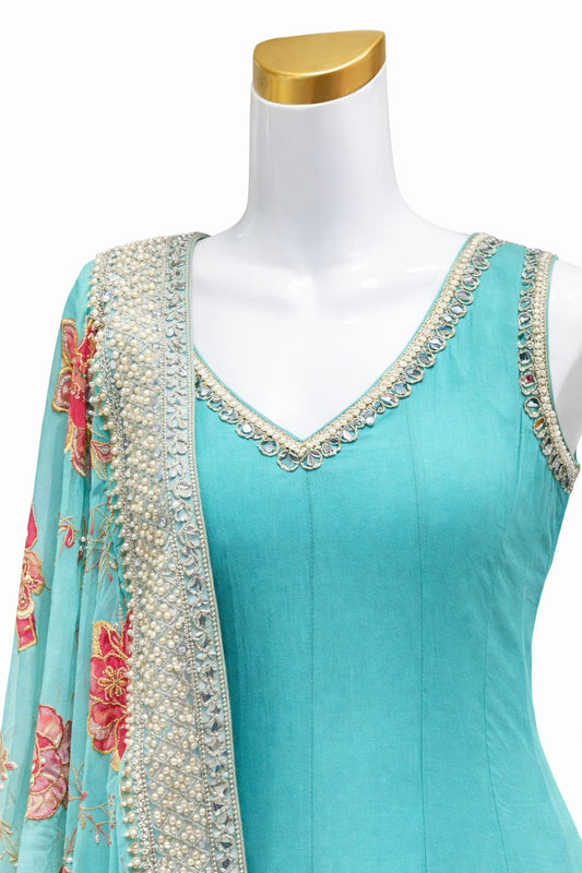 Turquoise Blue Anarkali Gown with Floral Embroidered Dupatta – Festive & Wedding Wear | Size 36