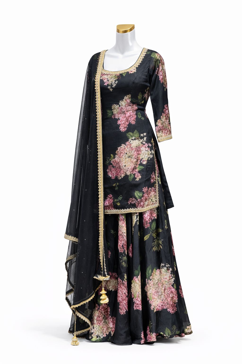 Black Floral Sharara Set with Printed Kurti & Net Dupatta – Festive & Party Wear | Size 34