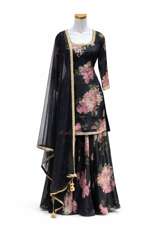 Black Floral Sharara Set with Printed Kurti & Net Dupatta – Festive & Party Wear | Size 34