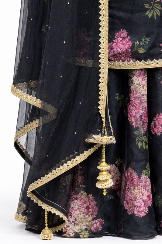 Black Floral Sharara Set with Printed Kurti & Net Dupatta – Festive & Party Wear | Size 34
