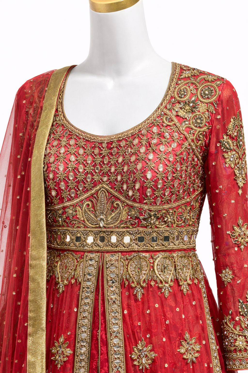 Bridal Red Anarkali Gown with Heavy Zari & Mirror Work – Wedding & Reception Wear | Size 38