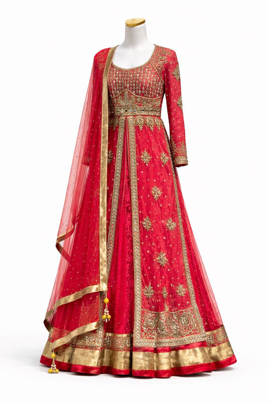 Bridal Red Anarkali Gown with Heavy Zari & Mirror Work – Wedding & Reception Wear | Size 38
