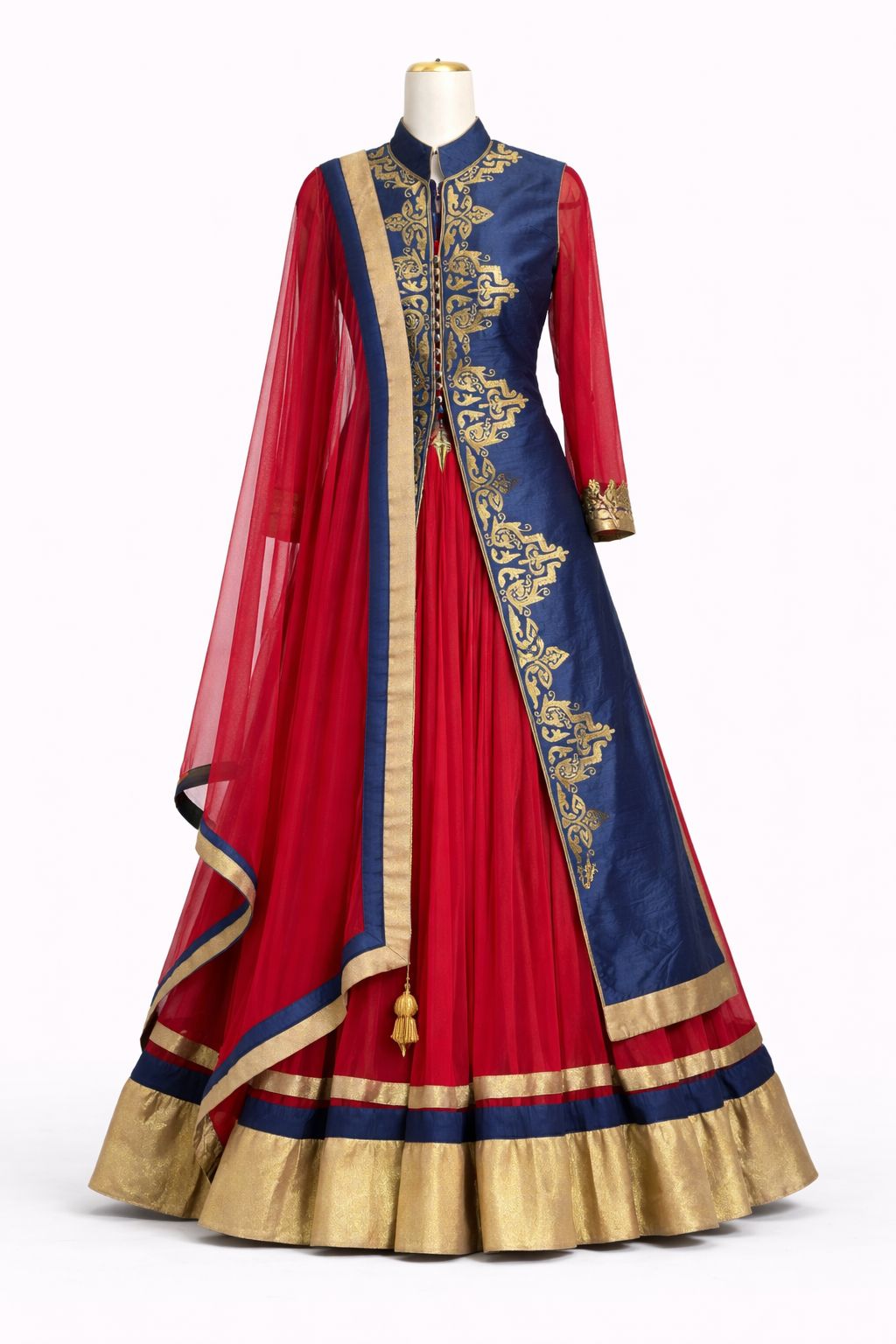 Red & Navy Blue Anarkali Gown with Embroidered Jacket & Dupatta – Festive & Wedding Wear | Size 38