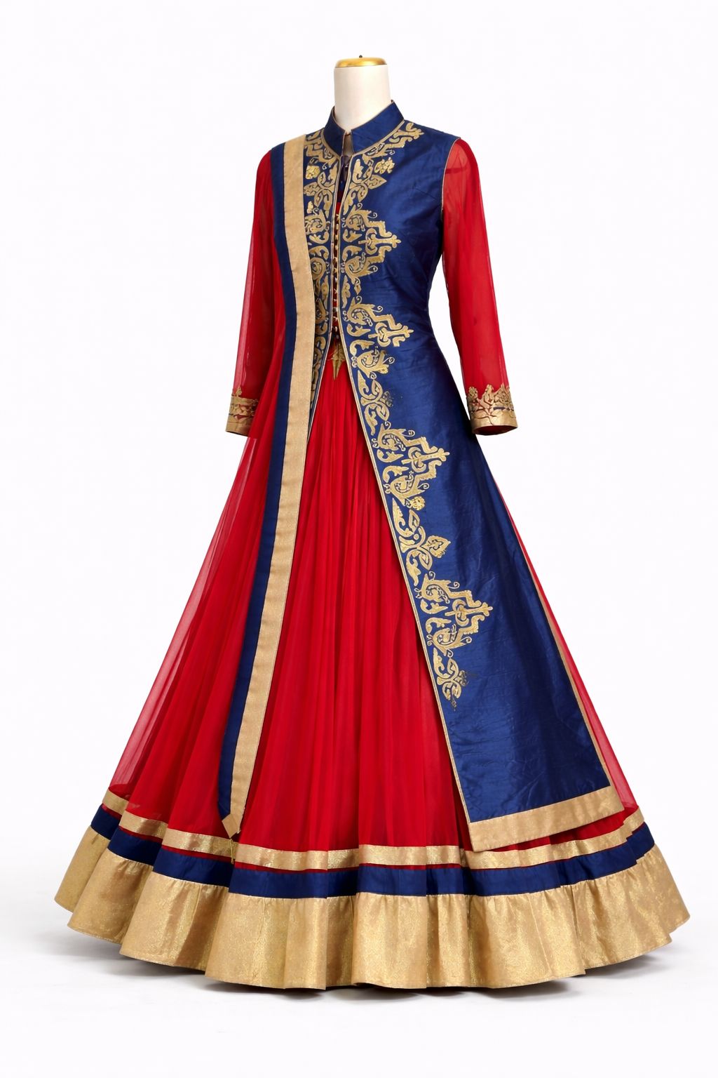 Red & Navy Blue Anarkali Gown with Embroidered Jacket & Dupatta – Festive & Wedding Wear | Size 38