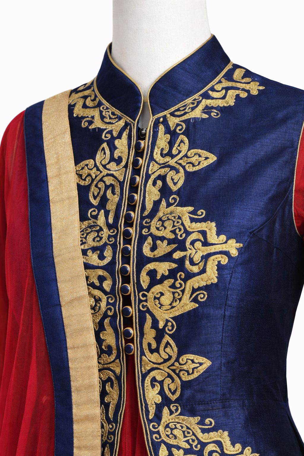 Red & Navy Blue Anarkali Gown with Embroidered Jacket & Dupatta – Festive & Wedding Wear | Size 38