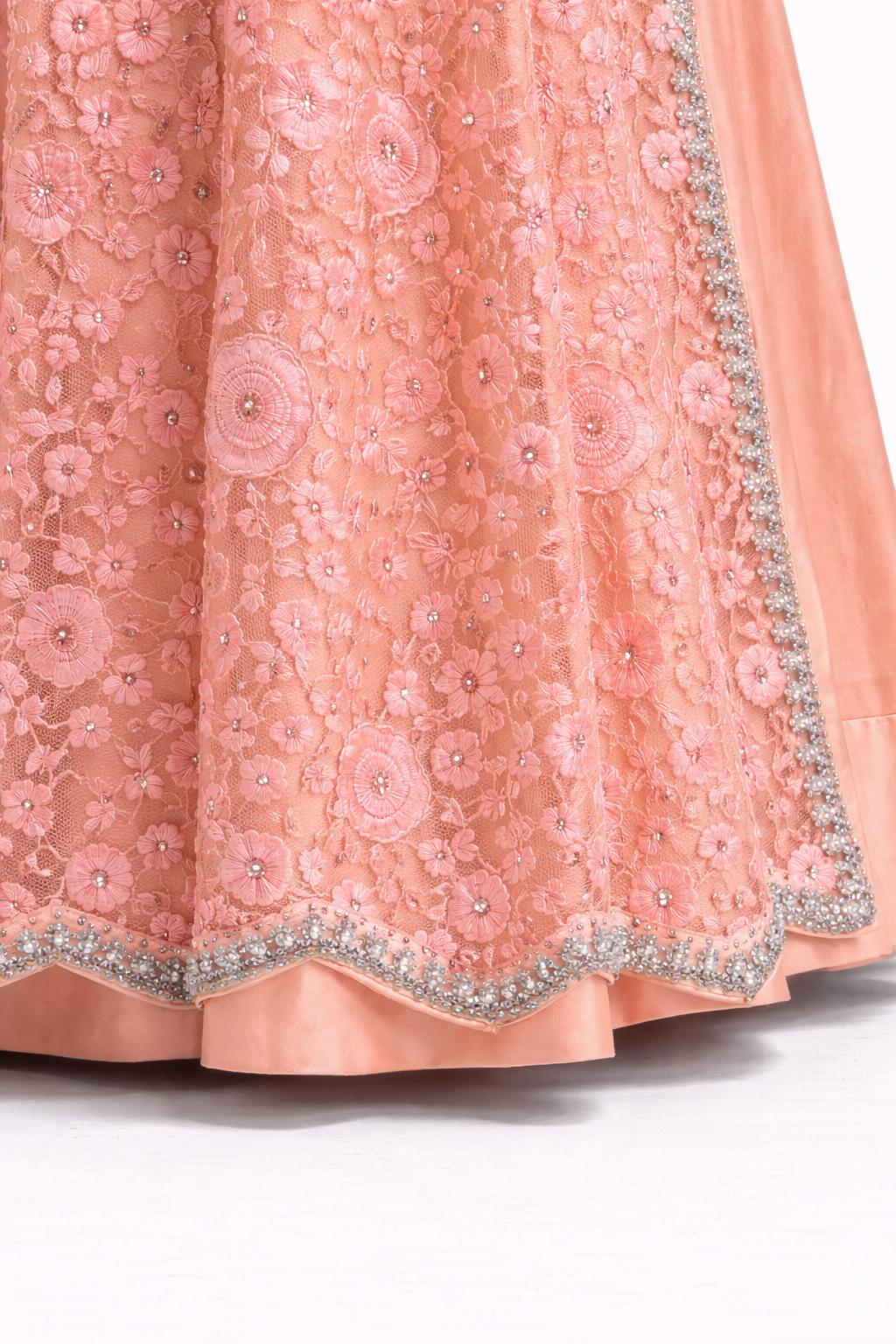 Peach Floral Embroidered Anarkali Gown with Long Jacket – Hand Embroidered Festive Wear | Size 38