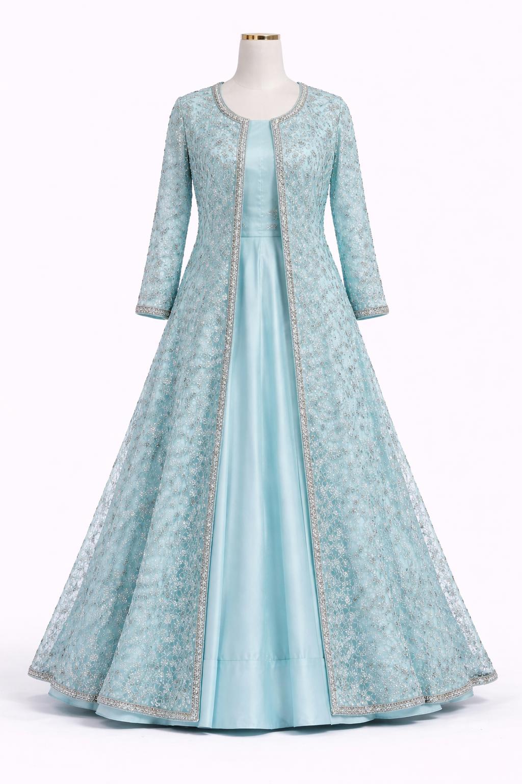 Powder Blue Hand Embroidered Anarkali Gown with Long Jacket – Pastel Wedding & Festive Wear | Size 38