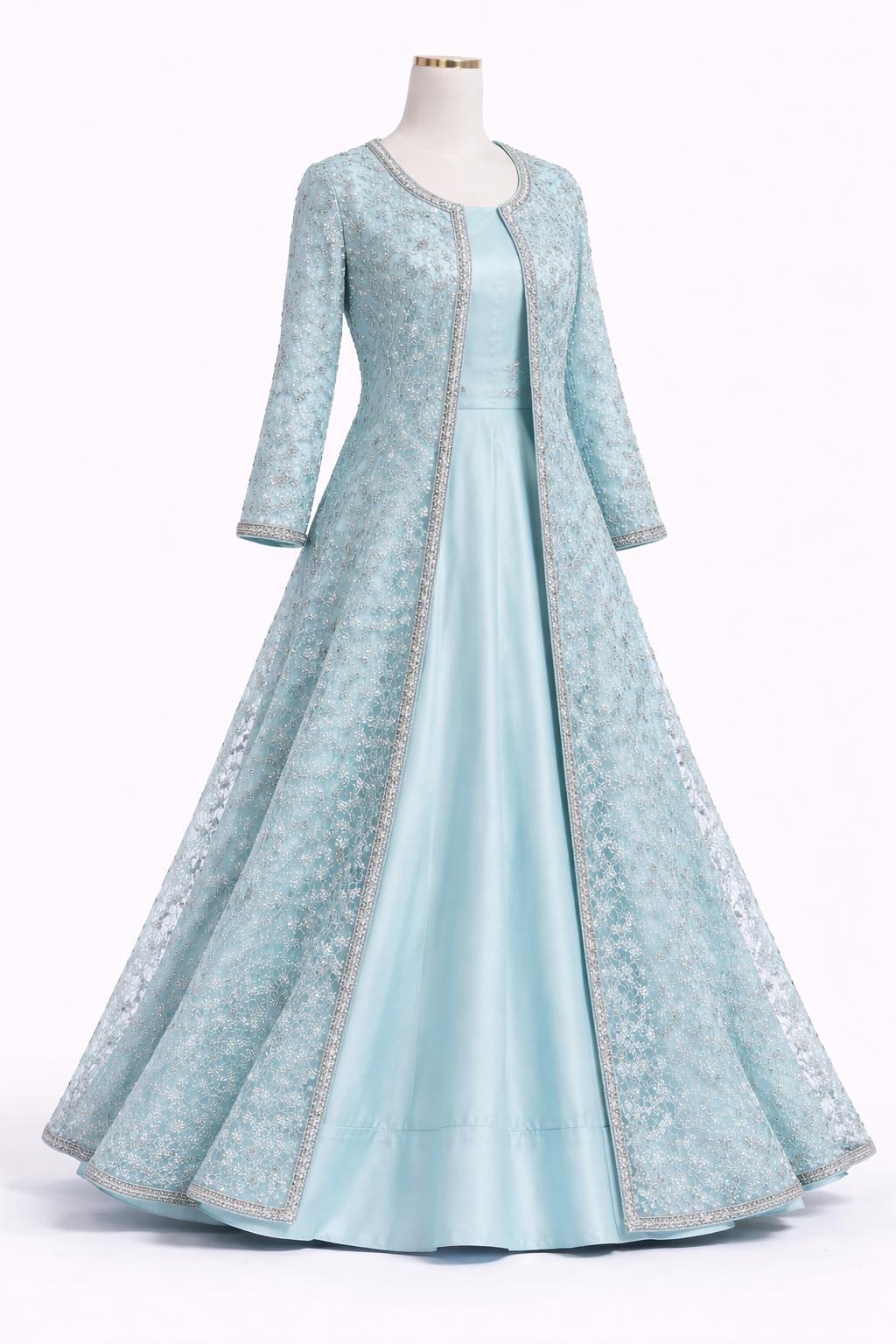 Powder Blue Hand Embroidered Anarkali Gown with Long Jacket – Pastel Wedding & Festive Wear | Size 38