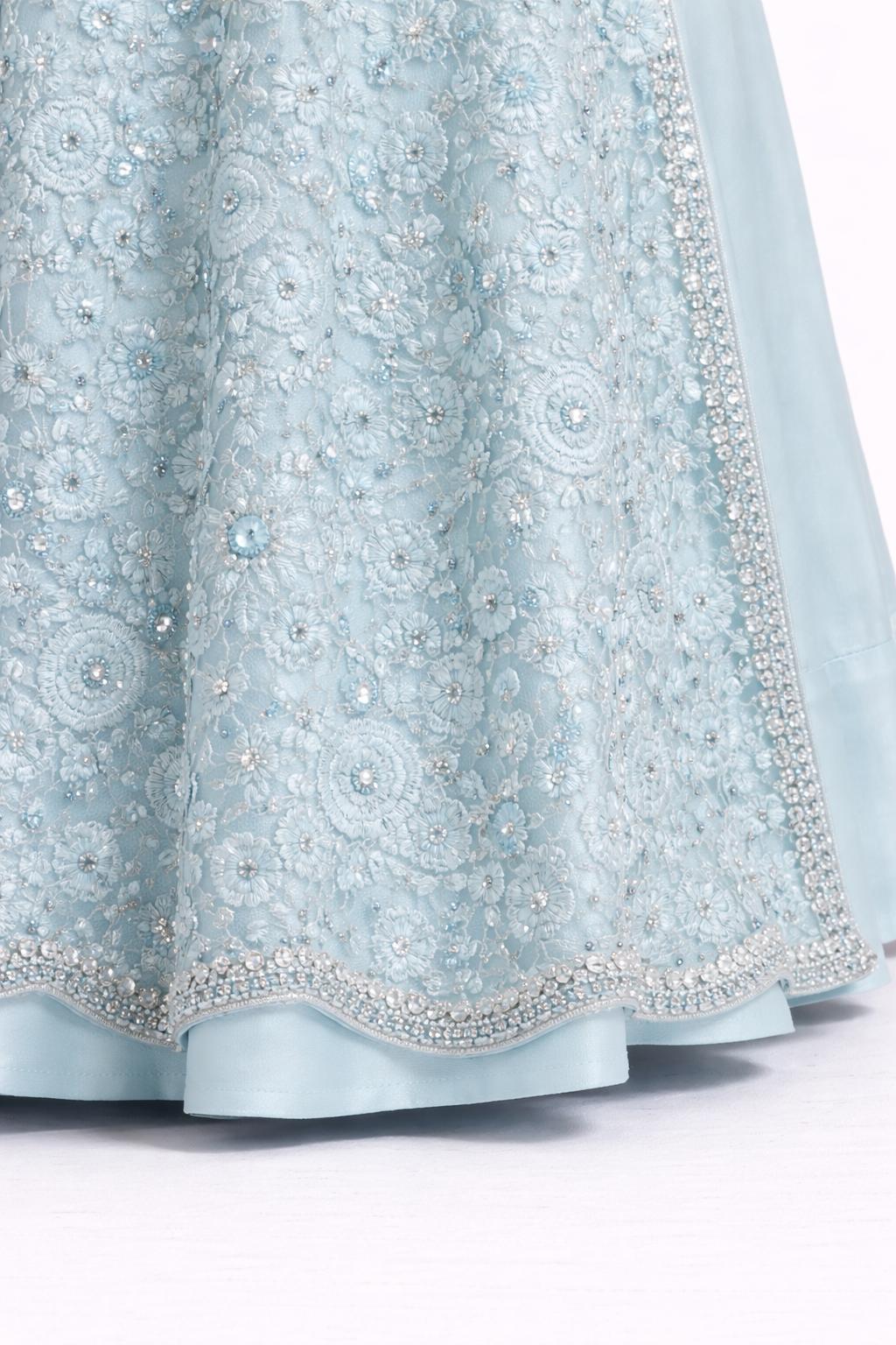 Powder Blue Hand Embroidered Anarkali Gown with Long Jacket – Pastel Wedding & Festive Wear | Size 38