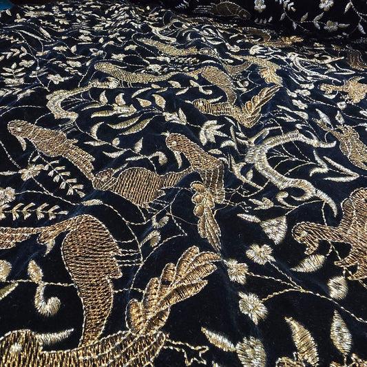 Navy Velvet Fabric Gold Animal Bird Embroidery 58" Wide Indian Wedding Dress Craft Material