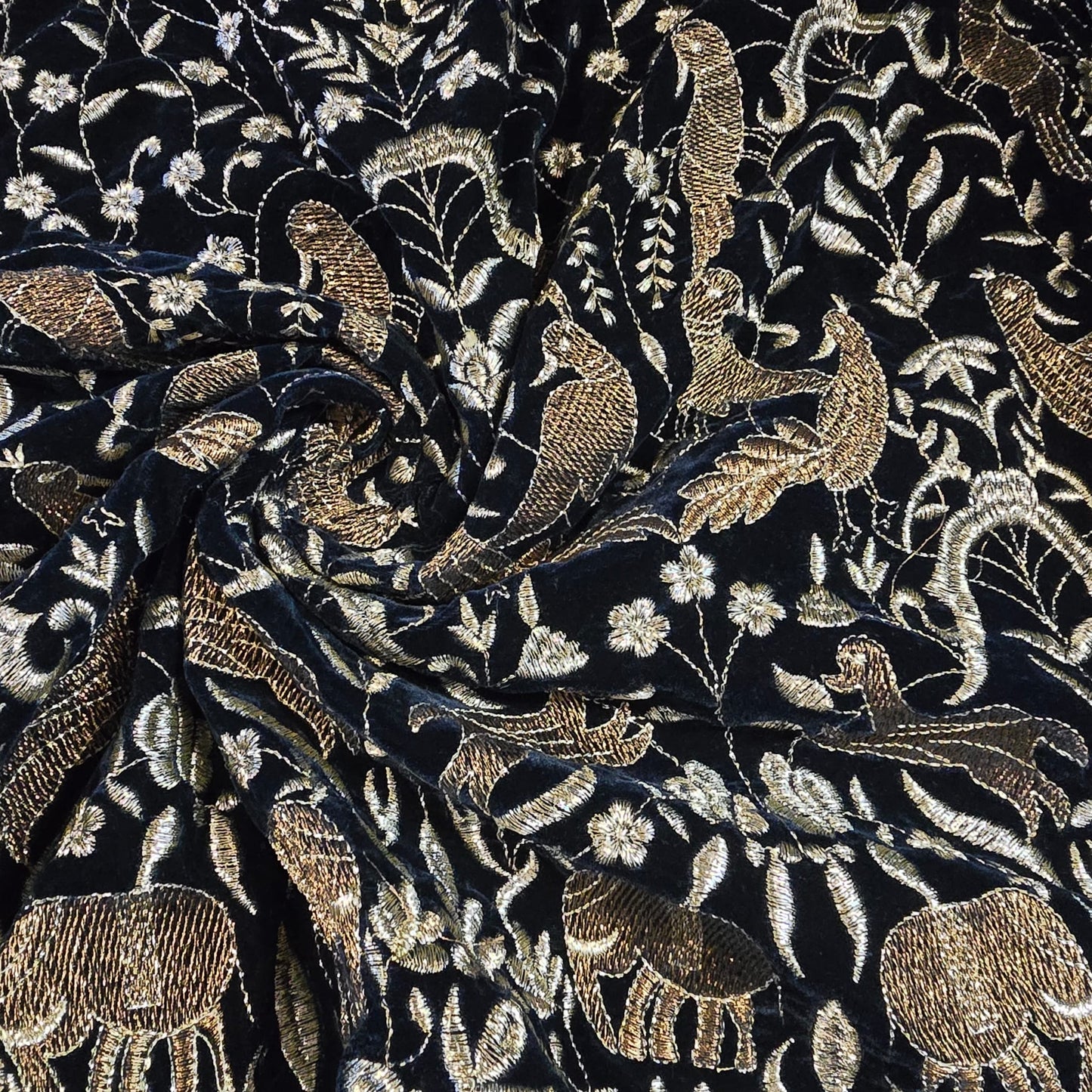 Navy Velvet Fabric Gold Animal Bird Embroidery 58" Wide Indian Wedding Dress Craft Material