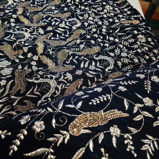 Navy Velvet Fabric Gold Animal Bird Embroidery 58" Wide Indian Wedding Dress Craft Material