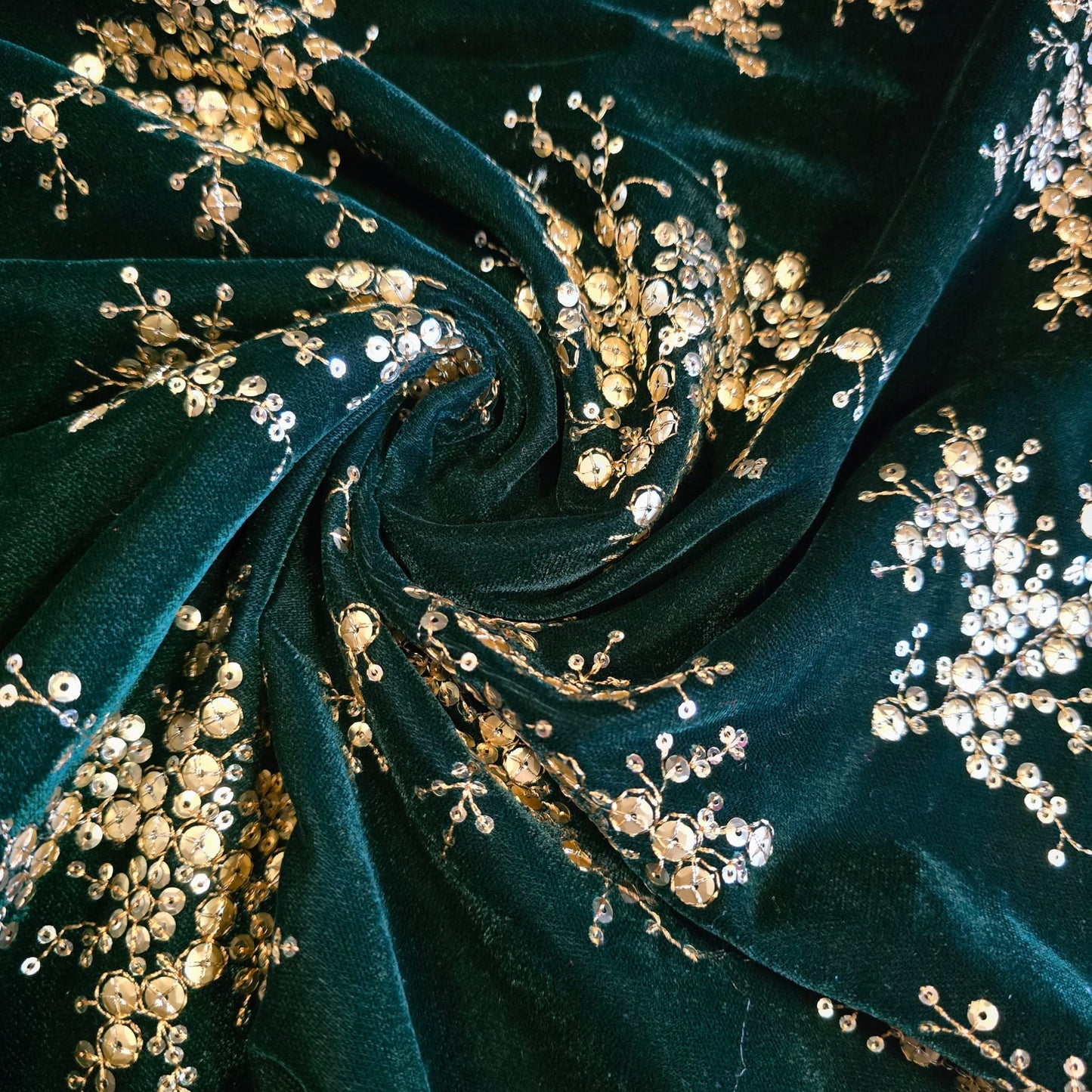 Bottle Green Velvet Fabric Embroidered Gold Paisley – Luxury Indian Bridal Dress Material 44" by Meter