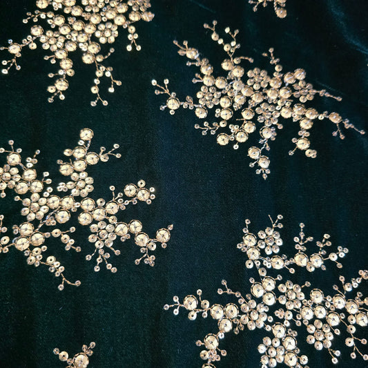 Bottle Green Velvet Fabric Embroidered Gold Paisley – Luxury Indian Bridal Dress Material 44" by Meter
