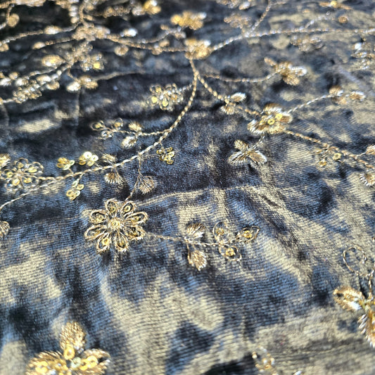 Grey Velvet Fabric Embroidered Gold Paisley – Luxury Indian Bridal Dress Material 44" by Meter