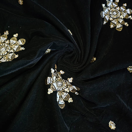 Black Velvet Fabric Hand Embroidered Gold Paisley – Luxury Indian Bridal Dress Material 44" by Meter