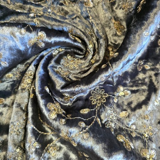 Grey Velvet Fabric Embroidered Gold Paisley – Luxury Indian Bridal Dress Material 44" by Meter