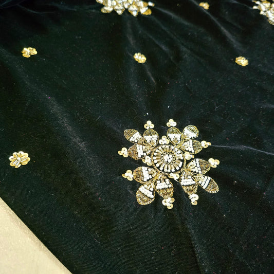 Black Velvet Fabric Hand Embroidered Gold Paisley – Luxury Indian Bridal Dress Material 44" by Meter