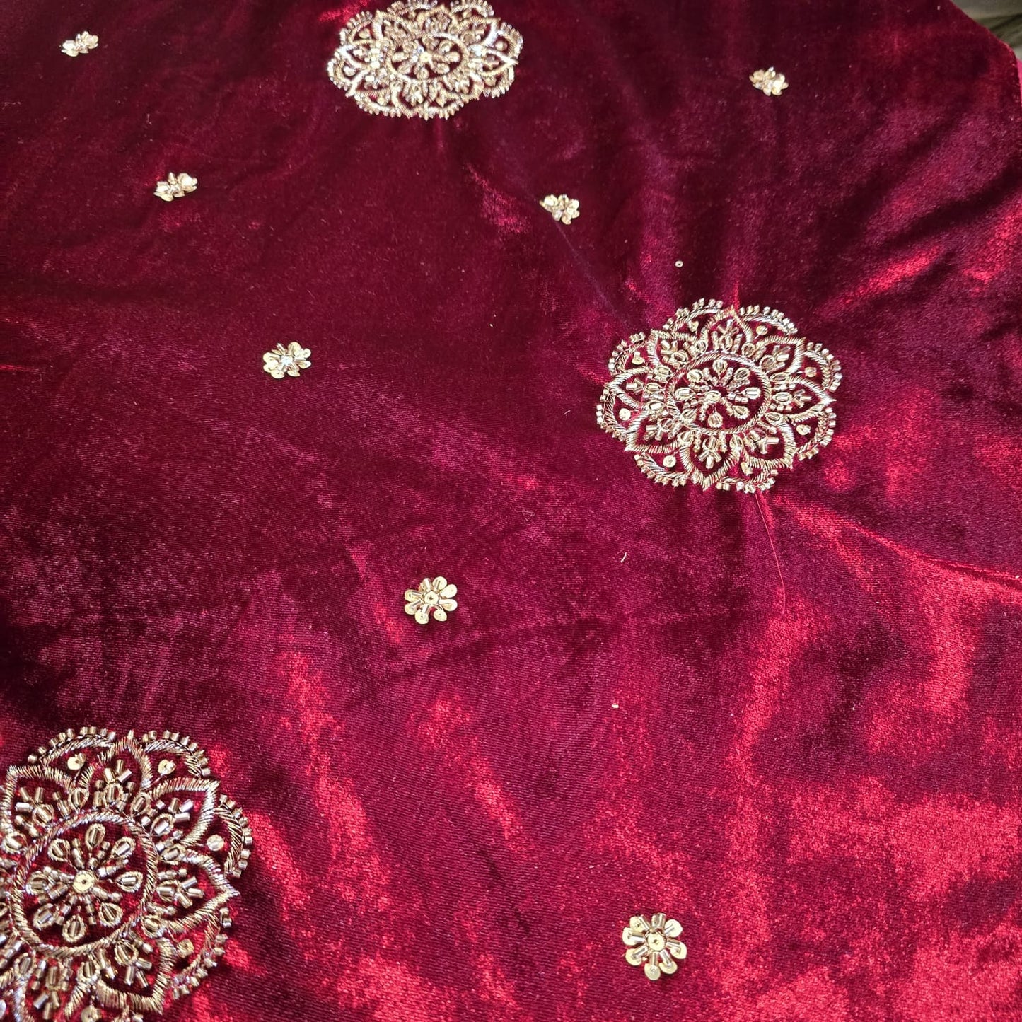 Maroon Velvet Fabric Hand Embroidered Gold Paisley – Luxury Indian Bridal Dress Material 44" by Meter